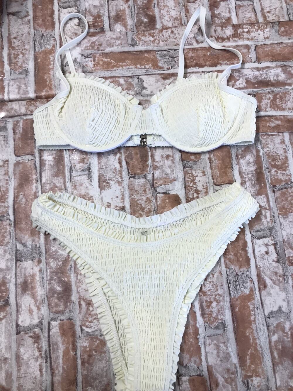 Triangle Bikini Smocked Textured Ruched Elastic Swimsuit Two Piece Beige Small